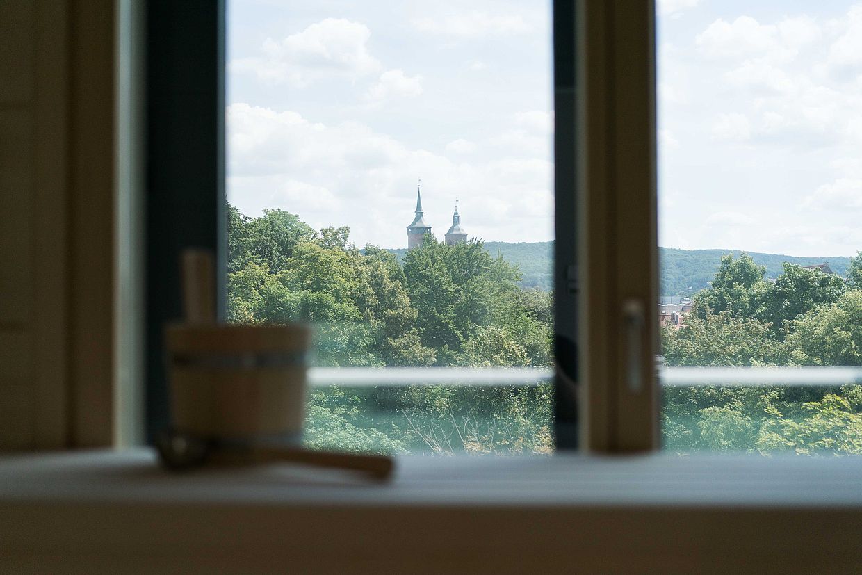 Ausblick aus dem Fenster der Sauna auf die Natur vor dem Hotel FREIgeist Göttingen Innenstadt