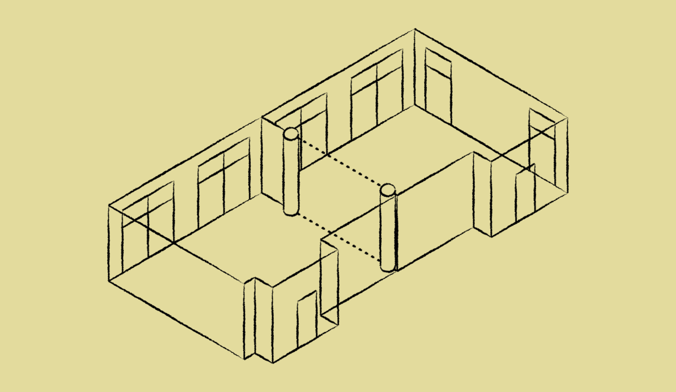 Skizze von zwei nebeneinander liegenden Räumen, die miteinander verbunden werden können