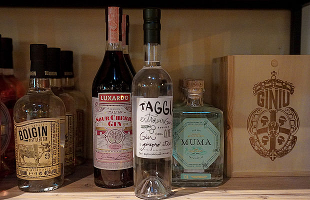 Verschiedene Gin-Sorten im Holzregal des Viani Alimentari in Göttingen Nordstadt. 