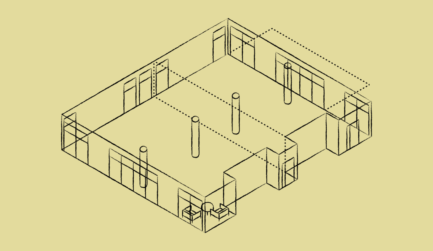 Skizze in schwarzer Farbe auf gelbem Hintergrund von zwei Räumen, die miteinander verbunden werden können