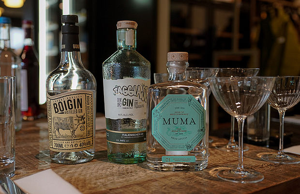 Verschiedene Gin-Sorten und Gläser auf einem Holztisch im Viani in Göttingen