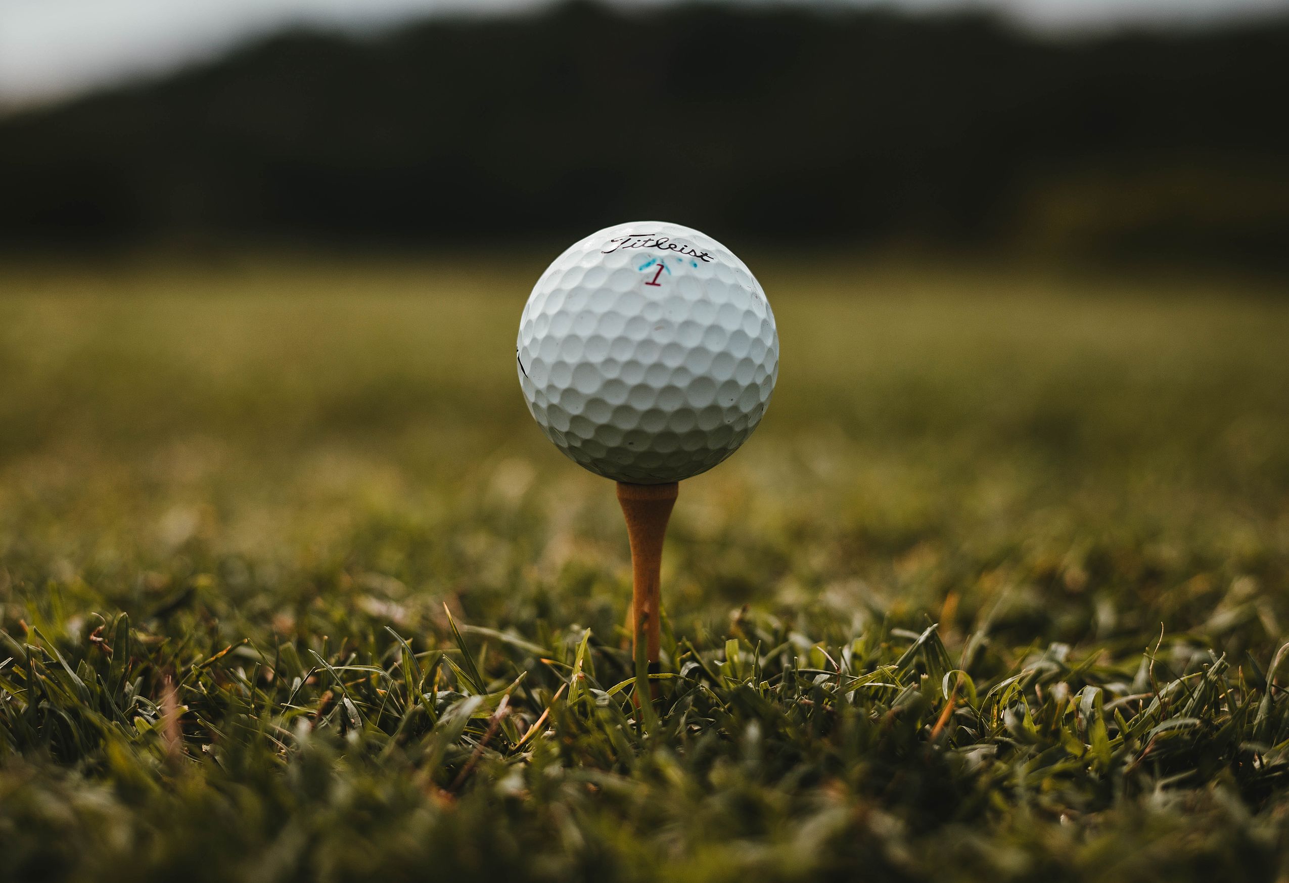 Nahaufnahme eines Golfballs auf dem grünen Rasen des Golfplatzes nahe des Golfhotel FREIgeist in Niedersachsen