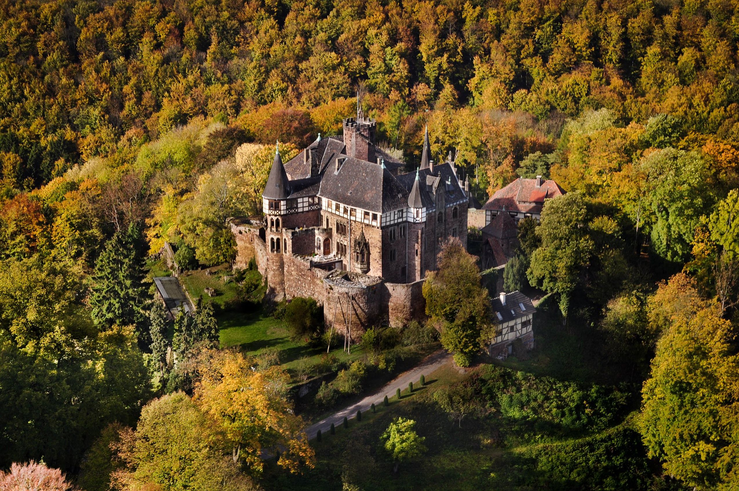 Eine Luftaufnahme von einem großen Schloss inmitten eines Waldes