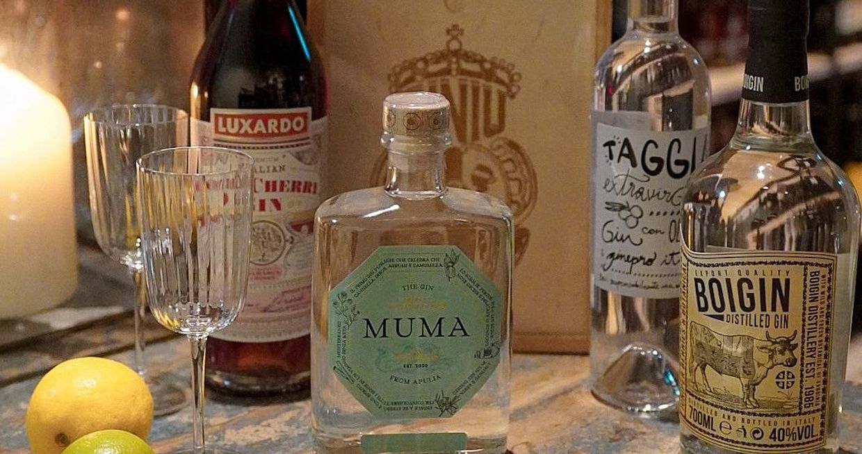 Verschiedene Gin-Sorten des Viani Alimentari auf einem Holztisch neben einer Kerze 